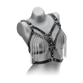   BŐR BDSM MELLTARTÓ LÁNCOKKAL SZABÁLYOZOTT MELLEKET EXPONÁLÓ MELLTARTó