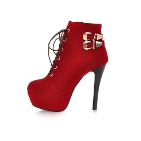   Női műbőr fűzős magassarkú bokacsizma női csizma,  cipő nagy méretű piros - fekete 