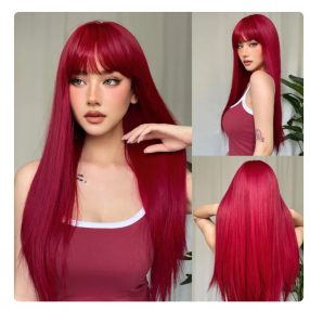   Világos borvörös szintetikus paróka frufruval, hosszú egyenes hajú női paróka Natural Cosplay Party hőálló
